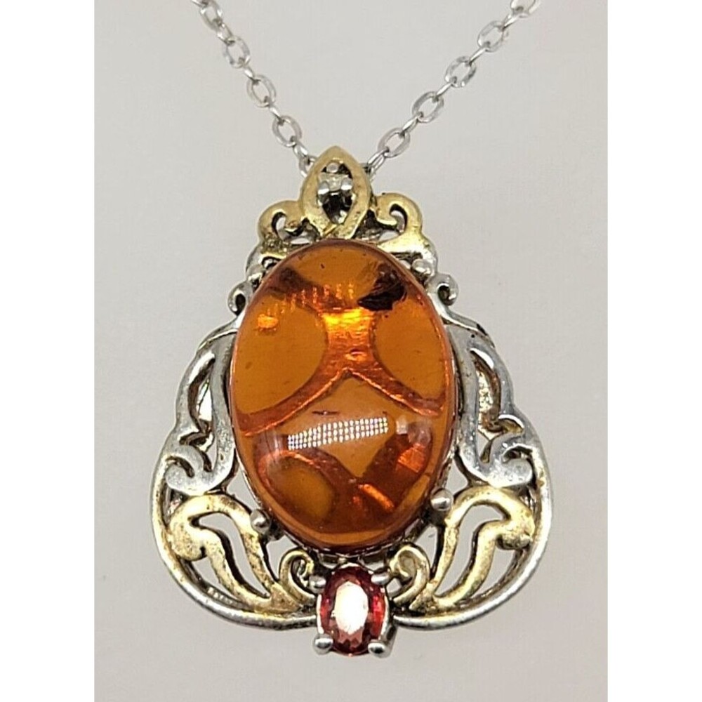 Amber Gemstone Pendant Necklace STS 925 Sterling Chuck Clemency Italy Sparkly!